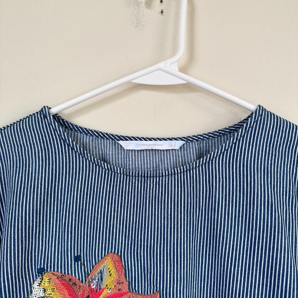 Zara Floral Embroidered Denim Striped Balloon Puff Sleeve Top SMALL - Picture 5 of 12